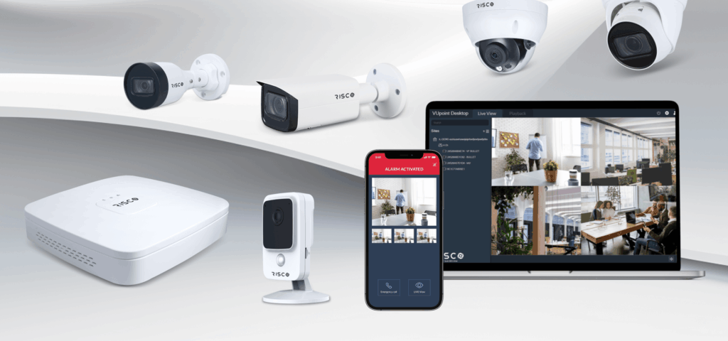 Risco VuPoint CCTV cameras with live monitoring on laptop and mobile app.